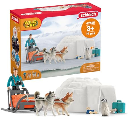 schleich Wild Life - 19 PC Antarctic Expedition Playset with Ranger, Husky Dogs, and Penguin Animal Figurines - Snow Safari Play Set with Dogsled and Igloo - Educational Toys for Kids 3 - 8 | 42558