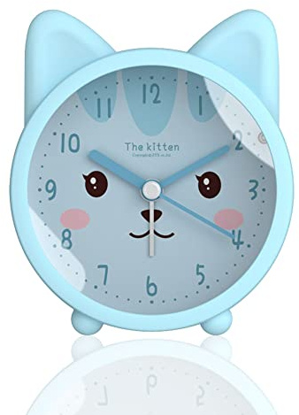 Roadtime Niedlicher Tier-Wecker für Kinder - Nicht Tickender Hasen/Katzen/Hirsch-Alarm, Leiser Schreibtisch-Wecker Mit Hintergrundbeleuchtung (Cat, Blue)
