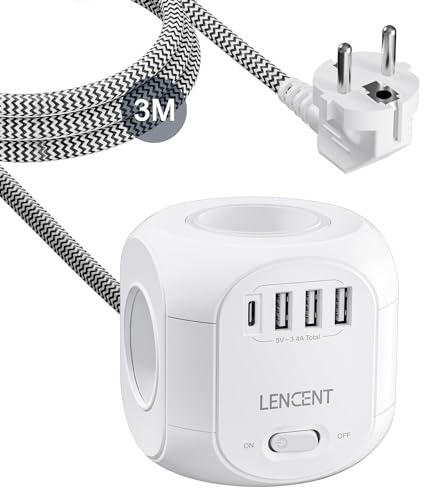 LENCENT Cube rallonge multiprise 3M avec 4 Prises AC, 3 USB et 1 Type C | Protection Contre Les surtensions pour rallonge électrique avec Interrupteur pour Maison, Cuisine, Bureau, Tressé Câble