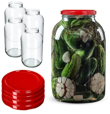 KADAX 4 stycken 4L glasburkar med skruvlock fi100mm för gurka, kombucha, kimchi | Konserveringsburkar med bred öppning för inläggning och jäsning (Rött Lock)
