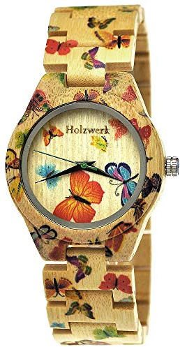 Holzwerk Germany Handgefertigte Designer Damen-Uhr Öko Natur Holz-Uhr Armband-Uhr Analog Klassisch Quarz-Uhr mit Schmetterling Butterfly Motiv