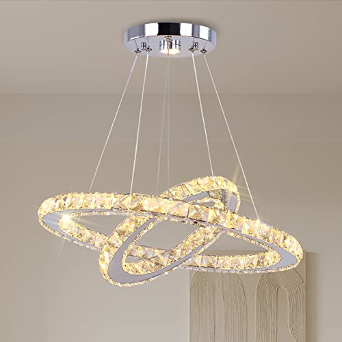 Finktonglan 2-Ringe Kristall LED Pendelleuchte, 30/50 cm, 50W, 3000K | Festes 3000K Warmweiß, nicht dimmbar, bis 120 cm höhenverstellbar, K9 Kristall und Edelstahl für Esszimmer und Kücheninsel