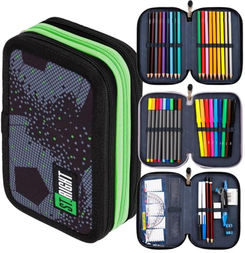 St. Right XXL Federtasche Federmappe Federmäppchen 46-teilig gefüllte Schüleretui 3-stöckig 19 x 13 x 7 cm, 3-Fach Schulstiftetui, dreifaches Federmäppchen Junge Mädchen Football