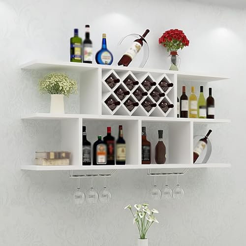 Barschrank Schweberegale, Weinregal Holz, Weinregale Für Die Wandmontage Weinschrank Umgekehrtes Weinglasregal Multifunktionaler Weinflaschenhalter Aus Eisen Einfach Hängende(Size:120cm,Color:Weiß)