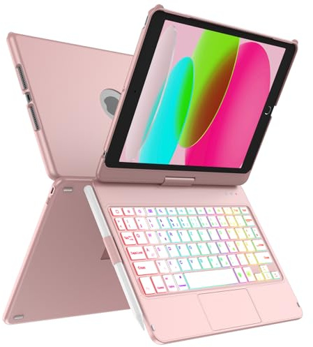 MMK Tastatur Hülle für iPad 10.2 Zoll(9/8/7 Generation), 7 Farben Beleuchtung & Multi Touch Trackpad & Auto Schlaf/Wach Funktion, Flip Stand Gehäuse mit Bleistifthalter, für iPad 10.2(2019/2020/2021)