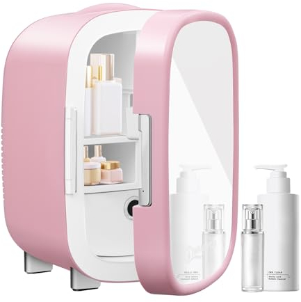 WANNYTON Mini Kühlschrank 7 L, Kosmetik Kühlbox mit Spiegel, Autokühlschrank tragbar, kleine Autokühlbox 220-240 V/12 V, kühl und heiß, für Zimmer Auto Büro Schlafzimmer, Rosa