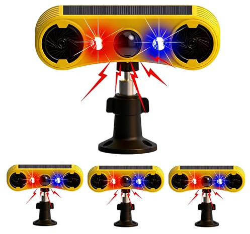 QXMH Alarme de détecteur de Mouvement Solaire extérieur - Alarme sonore de Coup de feu d'aboiement de Chien, 2 * 129 DB de Puissance, 4 Modes, lumière Rouge et Bleue (4 Pack)