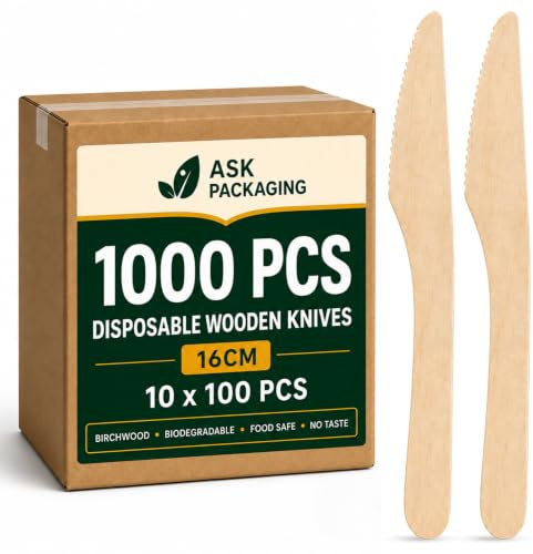 1000x Wooden Knives 16cm – Birch Wood Disposable Cutlery Knife for Parties | Strong Serrated Wooden Cutlery for Weddings, BBQs, Picnics, Catering, Biodegradable & Compostable, Food Safe, Plastic-Free
