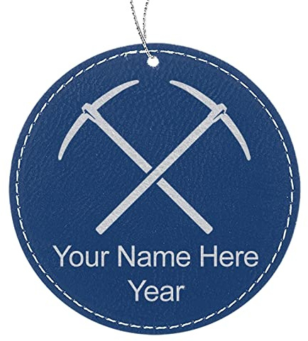 LaserGram Personalized Christmas Ornament, Pickaxe, Faux Leather, Custom Laser Engraved Gift Idea (Round Shape, Dark Blue)