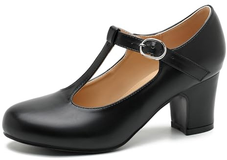 Peijely Women's T-Strap Mary Jane Pumps, 2.56 Inch Block Heel, Round Toe Dress Shoes Black Matte 43 - US 10