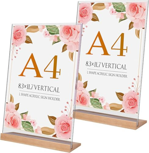2 Stück Tischaufsteller A4 Holz L Form Aufsteller Tischständer Doppelseitiger Vertikaler Tischaufsteller Ständer Menükartenhalter Acryl L-Ständer mit Holzfuß für Prospekte Menükarte Werbung Fotorahmen
