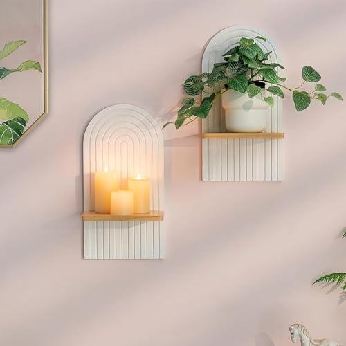 Walasis White Boho Wall Candle Holder - Mid Century Candle Sconces Set of 2 for Pillar Candles - Wood Modern Rainbow Arch Decor Beside Fireplace TV
