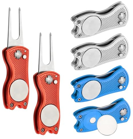 PATIKIL 6er-Pack Golf Divot Repair Tool Edelstahl-Gabel Blau/Rot/Silber | Metall-Golfgrün-Divot-Tool, Faltbares, mit magnetischem Ballmarker, für Golfer