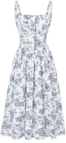 Scarlet darkness kvinnor solklänning viktoriansk avslappnad A-linje ärmlös spagettirem blommiga klänningar för sommar strand, Blå linje blommig, XL