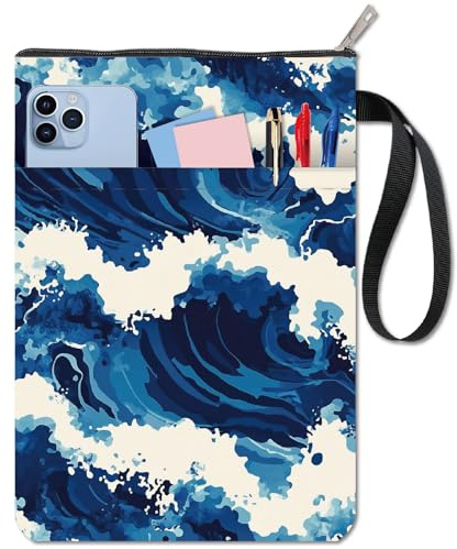 craspire Couverture de Livre Sea Wave Bleue Protège Livres Housse de Livre Océan pour Livres de Poche Housse de Livre en Tissu Lavable avec Fermeture Éclair et Pochette Supplémentaire