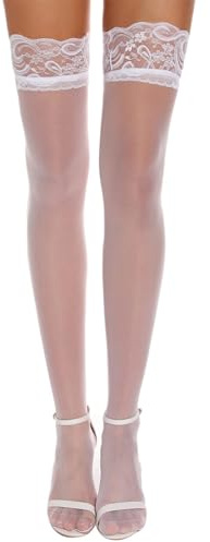 EAVUYIS Bas Autofixant Femme Sexy, Bas Autofixants en Dentelle, Maille sans Support Bas, Bas au-dessus du Genou, Bas pour Noël Halloween Cosplay Fête
