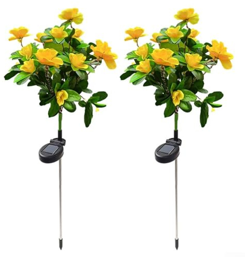 Solar LED Flower Stake Light Set 2pcs Rhododendrons for Garden Decoration, Waterproof and Flexible Design (Yellow)