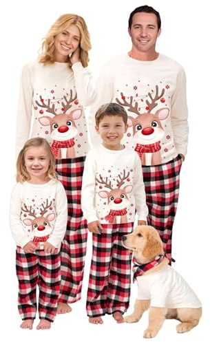 BTONGE Pyjama Noel Famille À Manches Longues Et Col Rond, Imprimé Élan À Carreaux pour Femmes Hommes Enfants Et Bébés Beige