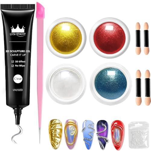 BISHENGY Glod Chrome Pulver NäGel Kit & 3d Gel Nail Art- 15 G Gel 3d Ongle FüR Diy-Nagelkunst, Metallic-Silber Crome Pulver NäGel Ohne Abwischen, Professionelles Design FüR Zu Hause (Rot/Blau)