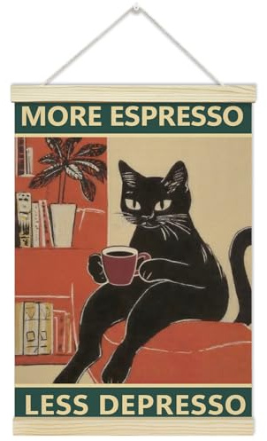 LETUROIA Black Cat Coffee Poster Hanger Frame, Espresso Canvas Wall Decor(12×16), Wall Art For Home Kitchen Cafe Bar Shelf Office -38