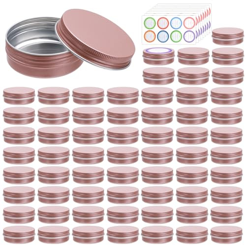 64Pack 2oz Rose Gold Aluminum Tin Jars, Metal Round Tins with Screw Lid for Lotion Bars, Balms, Cream, Salve, Spices, Toiletries or Beard Balm