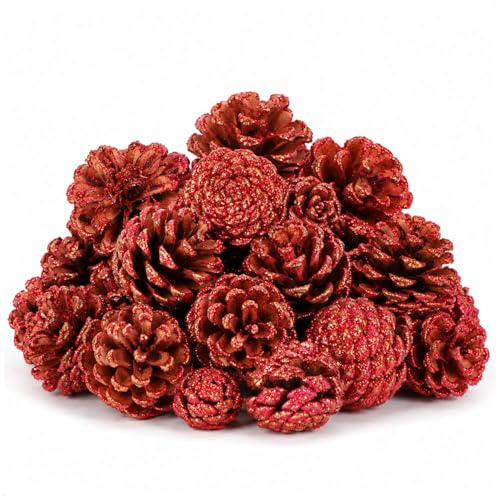 COM-FOUR® 18-teiliges Weihnachtsdekoration Zapfen Set, mit Rot Glitzer | Pinienzapfen - Kiefernzapfen Natur - Weihnachtsdeko Wald für Adventskranz
