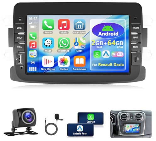 Motorsi Carplay bilradio för Spring Dacia Logon Duster Captur Sandero Symbol Lodgy LadaXray, 2 GB + 64 GB Bluetooth Car Stereo Android Skärm Bil GPS WiFi FM/RDS Radio SWC Mirror Link Canbus kamera