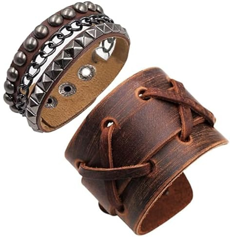 BaBakiak Punk Brown Leather Cuff Bracelet, 2PCS Vintage Braided Leather Wristband With Chain, Adjustable Wristband Bracelet Jewelry Gift