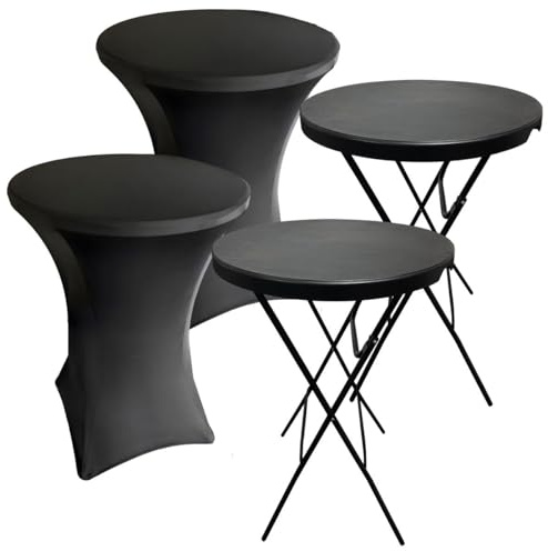 IvoQ Ståbordsset med 2 med överdrag – Ø 80 x 110 cm – hopfällbara cocktailbord – vattentäta – pulverlackerade stålram – innehåller 2 svarta stretchöverdrag – perfekt för bröllop och fester