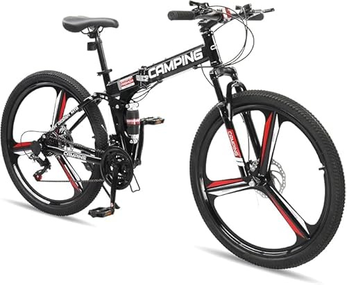 Ktaxon 26 Inch Folding Bike, 21 Speeds Foldable Bikes for Adults, Bicycle for Men & Women with Full-Suspension, Unique 3 Spoke Alloy Wheel, Dual Disc Brake, Quick Release and Adjustable Saddle(Black)