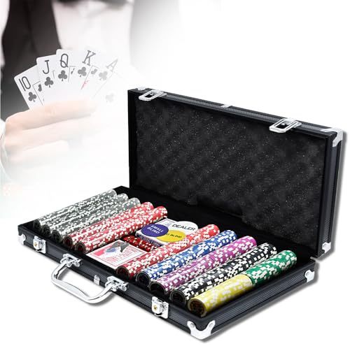 YZNAHRE Pokerkoffer Set 500 Chips Pokerset mit 2 Pokerdecks, 5 Würfeln & Dealer-Buttons im Aluminiumkoffer (Schwarz)