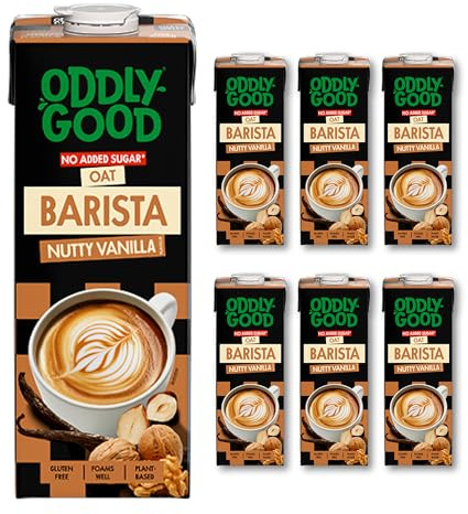 Oddlygood Nutty Vanilla Barista Oat Drink 1 Litre x 6, Milk Alternative | No Added Sugar, Gluten Free Oats, UHT Barista, Ideal for Coffee, Latte & Beverages, Perfect Milk Alternative