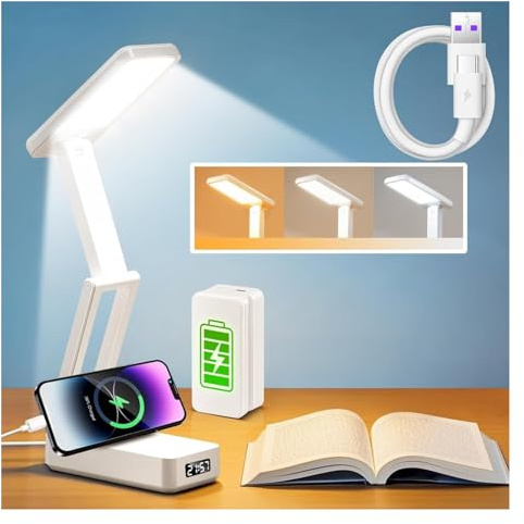 SIMDAO Desk Lamp, Rechargeable Reading Lamp with USB Charging Port, LED Display, Timer, 3Colors＋3 Brightness Dimmable, 180° Adjustable Eye-Caring Light for Reading, Office, Bedroom