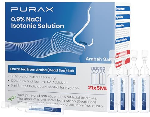 PURAX Saline Solution 0.9%,Nasal Cleanse for Babies, Kids and Adults, Isotonic Saline Solution for Eye Care, Wound Cleansing - 21 Count (5ml Each)