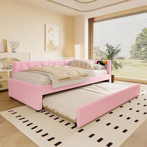 BTM 90x200 Tagesbett mit Nachttischlampe Ausziehbett Metall Schrankbett Daybett Schlafsofa Ausziehbar Bett (ohne Matratze) Schwarz