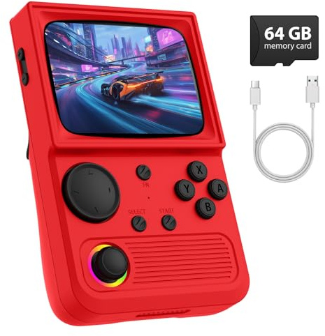 R36T Retro Gaming Console, 3.5'' IPS Screen CRT-Inspired, Handheld Game Console with 18000+ Classic Games, 3500mAh Battery, Supports Multiple Mainstream Emulators, WiFi Network Battling, 64GB (Red)
