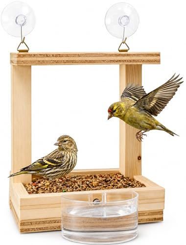 Mangiatoia Uccellini da Esterno Legno Casetta con Ventose Finestra Abbeveratoio Uccelli 70g Mangime Selvatici Giardino Balcone Terrazza Fatto a Mano Bird Feeder Casetta Uccelli Naturale