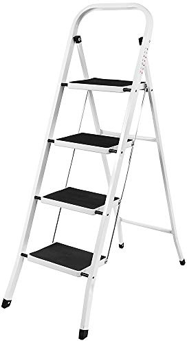 Stepladder 4 Tread Step Ladders Steel Heavy Duty Folding Stool 150kg Capacity with Anti-Slip Mat for Home Garden Works Indoor Outdoor