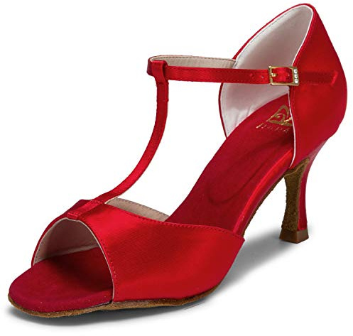 JIAJIA 20511 Latin Dam Sandaler 7,5 cm Flared Heel Super Satin Dansskor Färg Röd,Storlek 37 EU (4 UK)