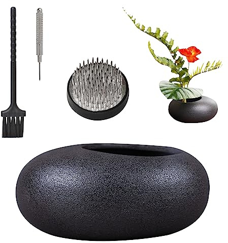 WANDIC Blumenarrangement Set, Ikebana Schale Japanisch Vase Schwarzer Keramik Übertopf mit 4 cm Kenzan Blumen Frosch Töpferware, Blumenstecknadel, Nadelhalter für Heimdekoration