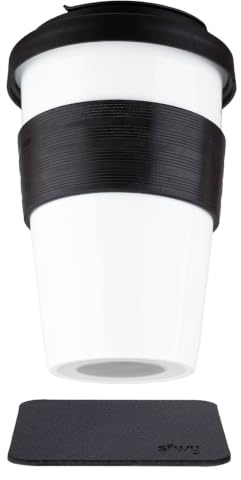 silwy® Porzellan TO-GO-CUP inkl. schwarzer Hitzeschutzbanderole, metallischen Nano-Gel-Untersetzer BLACK - rutschfeste Magnetbecher für Camping, Caravaning oder Boating