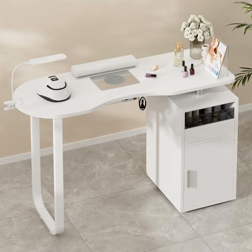 Paddie Manicure Table Nail Desk, Nail Table Station for Nail Tech Professional Nail Art Table w/Single Cabinet, Drawers, Controllable Wheels & Client Wrist Pad, Acetone Resistant（White2）