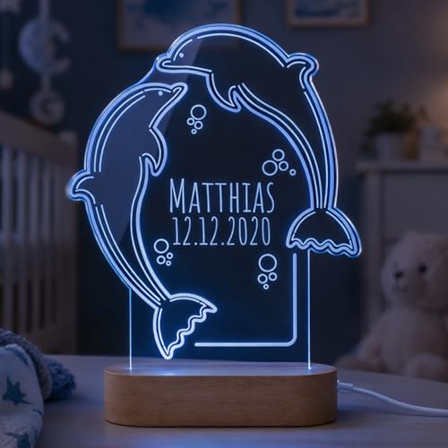 Delfin LED Nachtlicht Kinder beleuchtet - Kinderlampe mit individueller Namen Gravur | Buntes Nachtlicht aus Acrylglas & Holzsockel mit USB-Kabel | Babygeschenke Mädchen Jungen - Geschenk Geburt