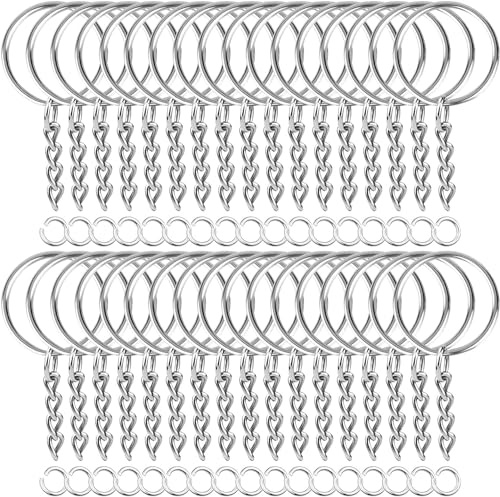 HOUSTA 100 Stück Schlüsselring mit Kette 25mm Schlüsselanhänger Ring Keyring Chain Epoxidharz Schlüsselanhänger Basteln für Schlüssel Handwerk, Schmuckherstellung, Rostfreies Metall (Silber)