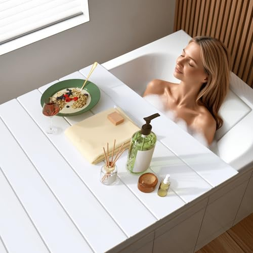 Badewannenabdeckung, 170 × 70cm Faltbare Badewanne, Wasserdicht Staubdicht | PVC-Badewannenabdeckung im Jalousie-Stil für Haus Badewannen Badezimmer, bietet Platz für Weingläser, Bücher, weiß