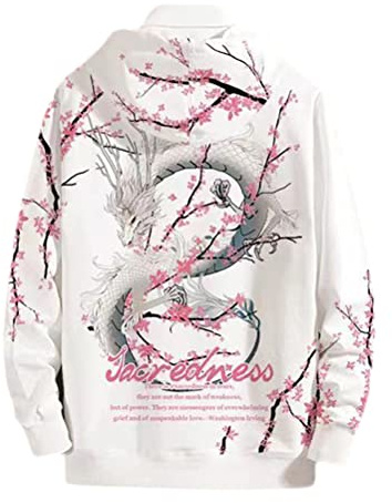 Osheoiso Harajuku Style Femme Capuche Casual Sweat à Capuche Pull Kawaii Sweat Shirt Imprimé Chic Hoodie à Manches Longues Femme Mode Sweater Oversized J Blanc L