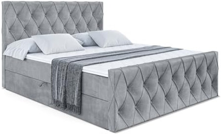 ALTDECOR Boxspringbett mit Matratze und Lattenrost, Boxbett, Fußteil, Topper, Polsterbett mit Bettkasten, Bett mit Stauraum H3-Matratze, Doppelbett, Springboxbett - Amay - 200x200 - Grau Samt