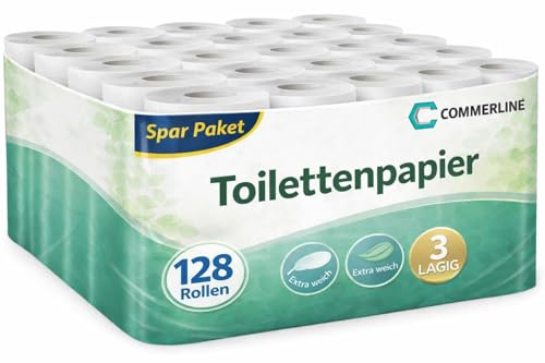 Commerline Toilettenpapier 128 Rollen, 3-lagig, Klopapier, WC Papier | 150 Blatt je Rolle, 100 % Zellstoff, extra weich, Camping Toilettenpapier, für Haushalt, Büro, Gewerbe & Vorrat