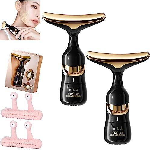 Donubiiu Aparato reafirmante para masaje facial con tres funciones, dispositivo de masaje facial de tres usos, herramienta de belleza para el cuello y los ojos (2 unidades, negro)