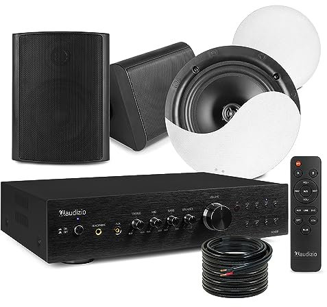 Power Dynamics 2-Zone Kitchen & Patio Audio System - 2x NCSS8 8 Ceiling Speakers, 2x BGO50 Outdoor Speakers & AD420B Amplifier with Bluetooth for Home Installations